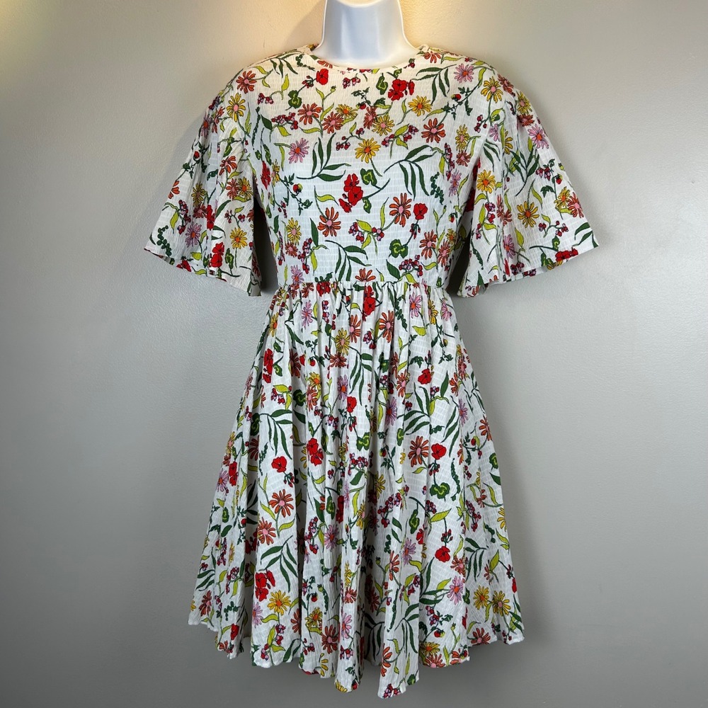 Kate Spade New York Floral Seersucker Fit & Flare Dress White Multi Pockets Sz 0